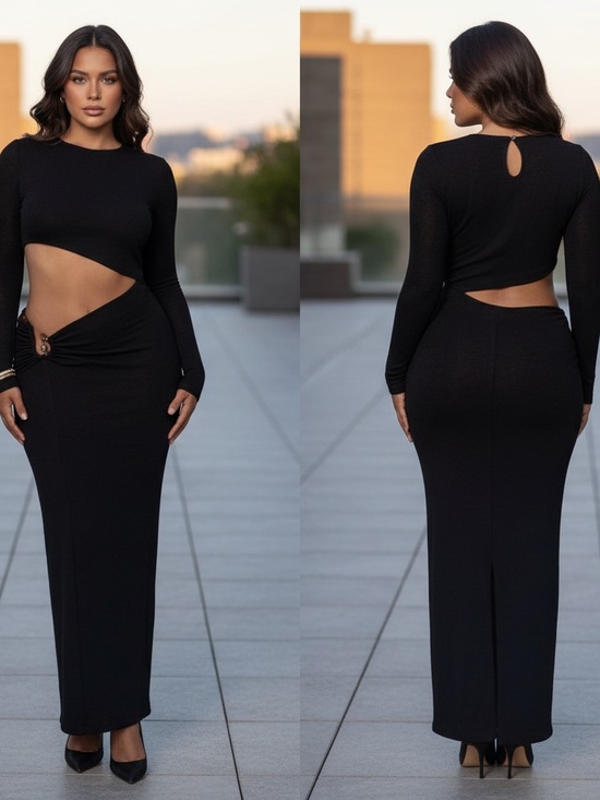 JLUXLABEL Summer Romance Cutout Side Long Sleeve Maxi Dress Black Size Large NEW - Picture 3 of 16